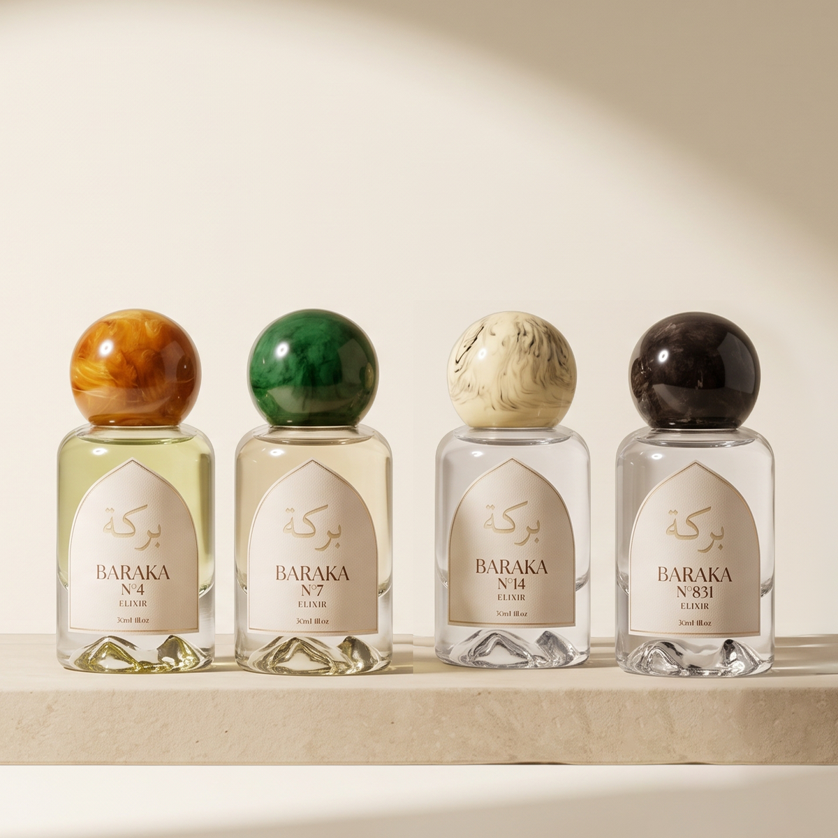 The four BARAKA Elixir bottles in a stone archway at dusk