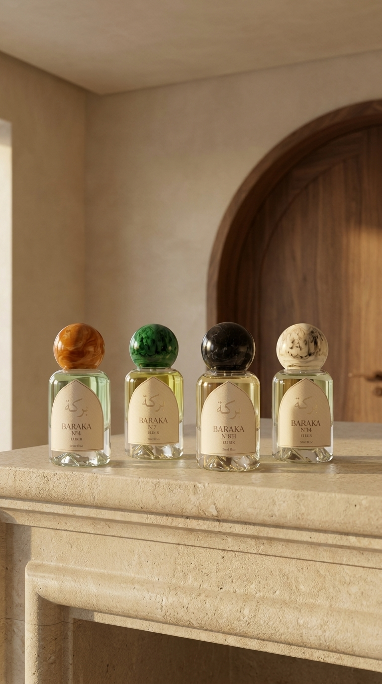 Four BARAKA bottles in long shadows under a stone arch, desert dunes beyond
