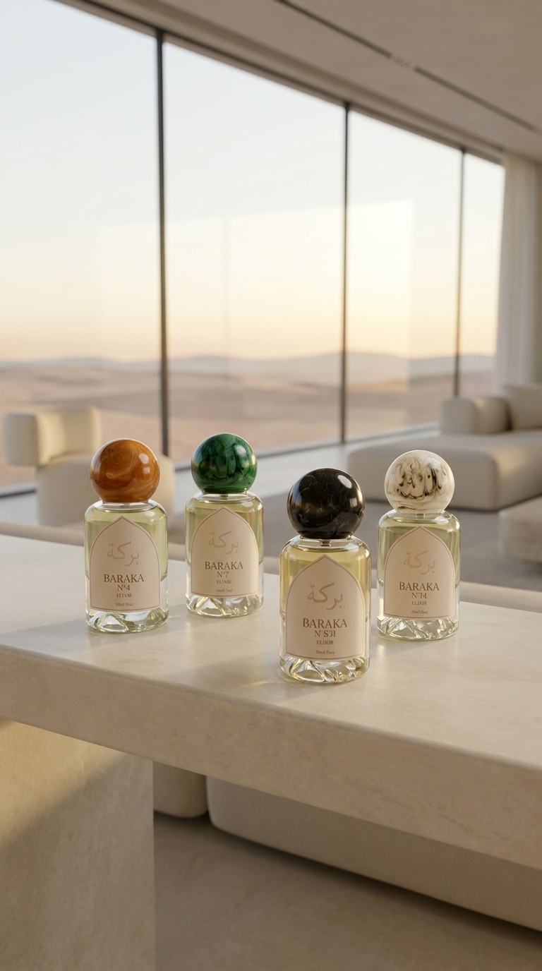 Four BARAKA bottles on a rooftop ledge over an old desert city at dusk